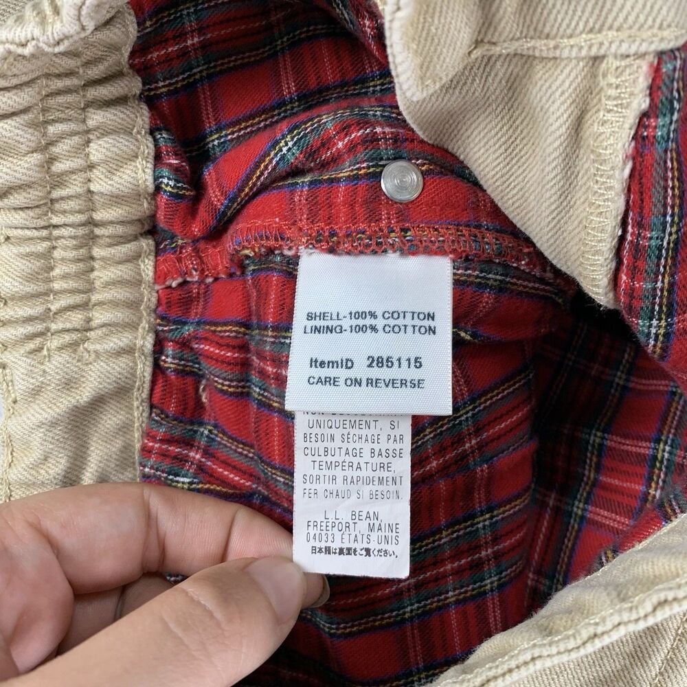 LL Bean Original Fit Relaxed Tan Jeans Red Plaid Lining Elastic Waist Size 8 Pet - Picture 5 of 6